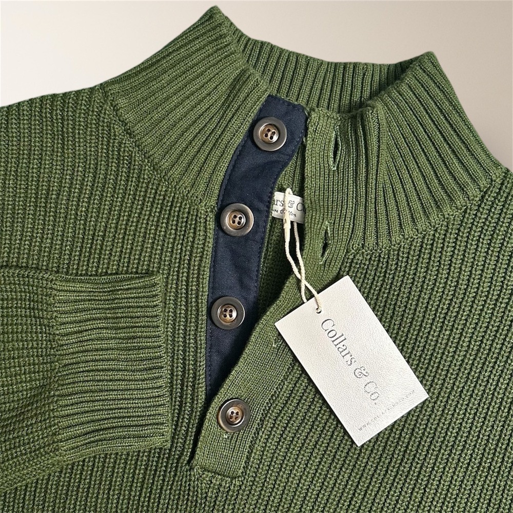 New Collars & Co Mens XXL Kennebunkport Green Rib Knit Button Mock Neck‎ Sweater